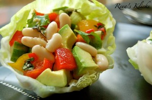 Hot and Cold Bean Salad in Lettuce Cups with Tomato Lime Dressing